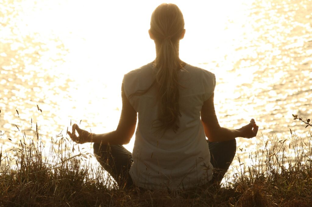 meditate, woman, yoga, zen, nature, meditating, relax, relaxing, wellness, yoga pose, meditation, peaceful, silhouette, sunset, tranquil, calm