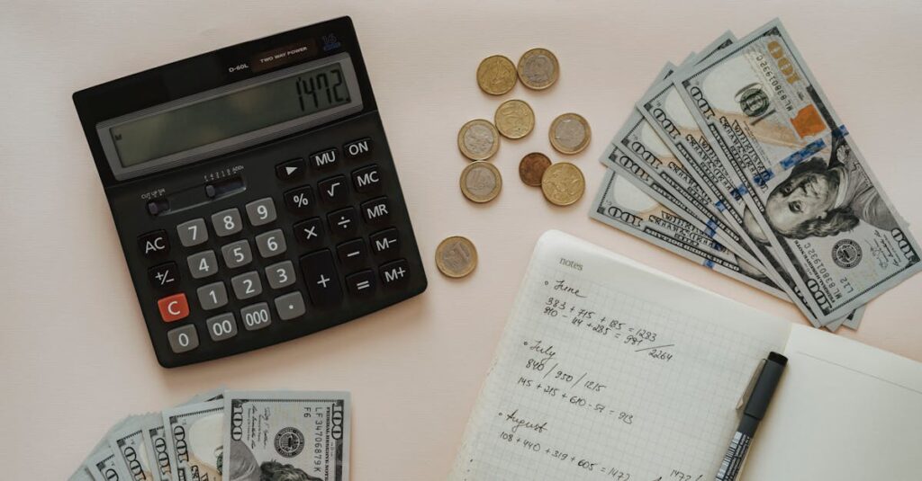 Flat lay of calculator, cash, coins, and handwritten notes for budget planning.
