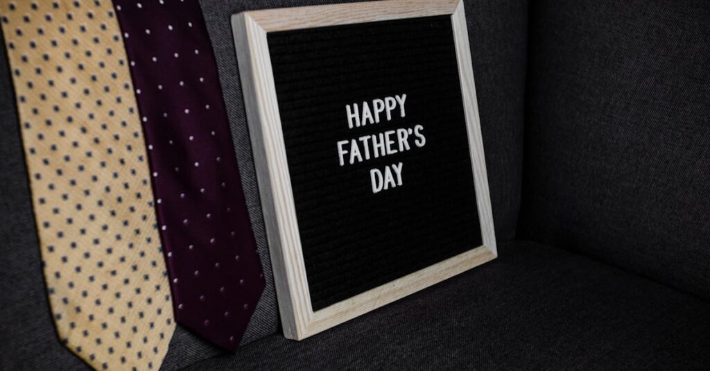 Father's Day gifts with a cozy setup featuring ties and a heartfelt message.
