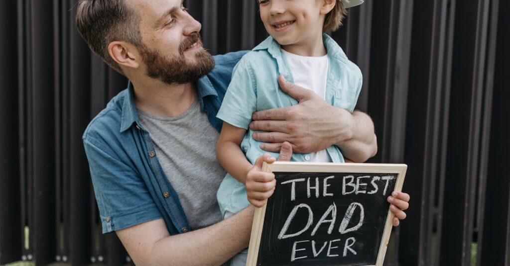 As a Father's Day gift, a father and son smiling outdoors holding a 'Best Dad Ever' sign.
