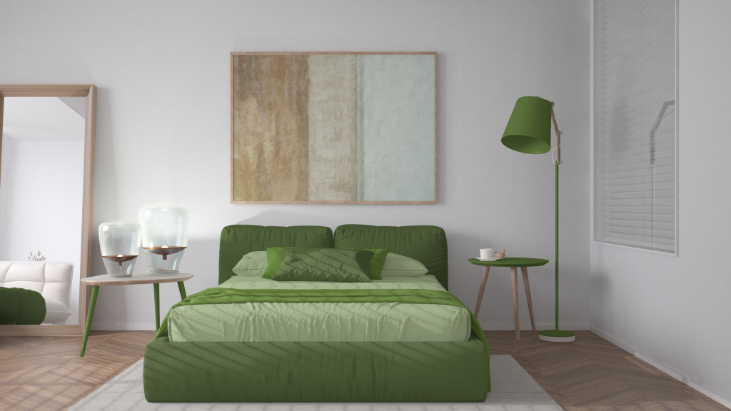 Modern bright minimalist bedroom in green tones, double bed with pillows, duvet and blanket, parquet, window, table with lamps, mirror with pouf