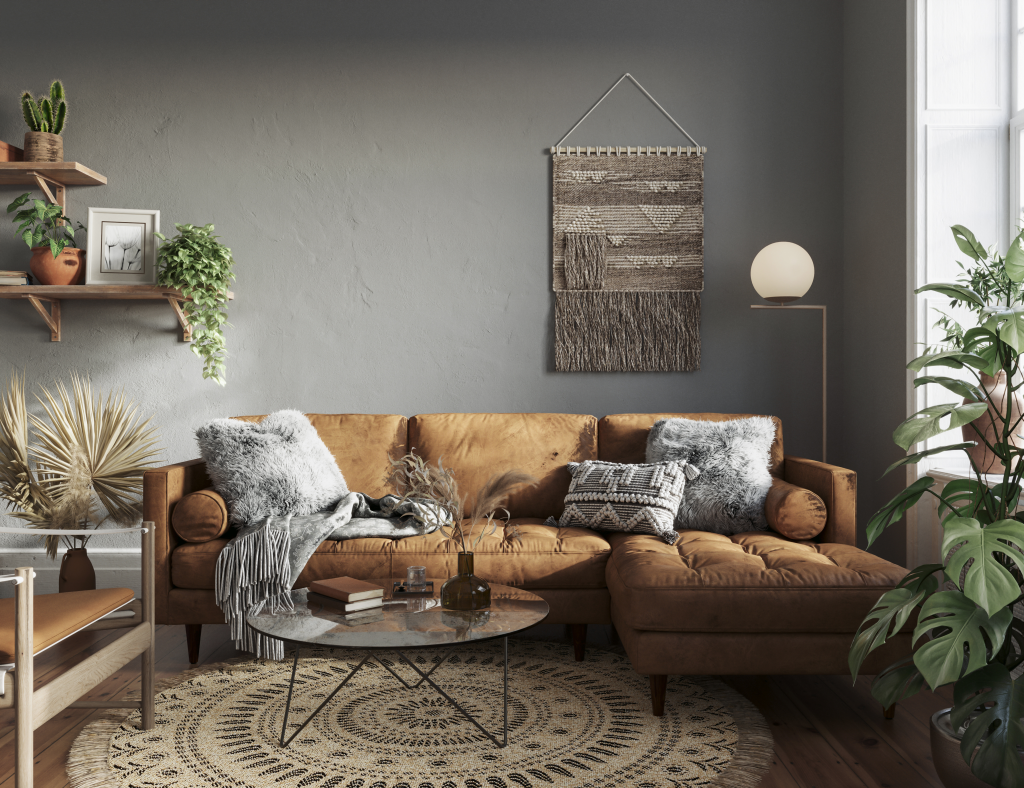 Dark-toned boho decor in living room