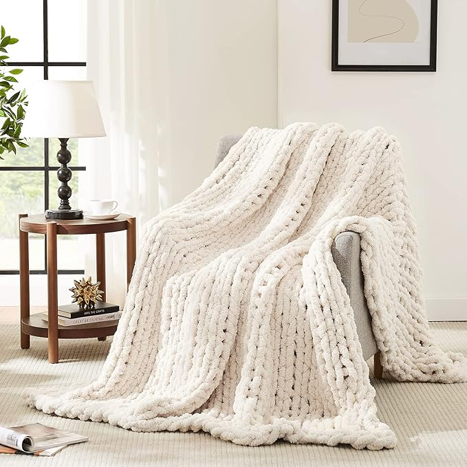 L'AGRATY Chunky Knit Blanket Throw, Soft Chenille Yarn 50×60